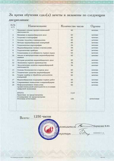 Образец приложения оборотная сторона (аттестационная работа) по программе Маркшейдерское дело