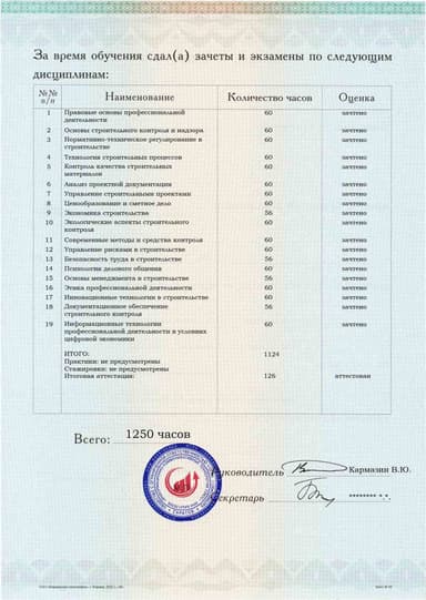Образец приложения оборотная сторона (аттестационная работа) по программе Строительный контроль и надзор