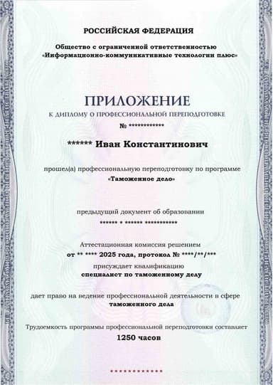 Образец приложения лицевая сторона (итоговое тестирование) по программе Таможенное дело