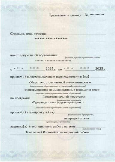 Образец приложения лицевая сторона (аттестационная работа) по программе Сурдопедагогика (сурдопереводчик)
