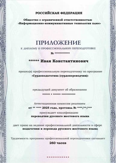 Образец приложения лицевая сторона (итоговое тестирование) по программе Сурдопедагогика (сурдопереводчик)