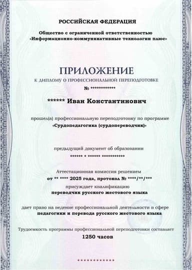 Образец приложения лицевая сторона (итоговое тестирование) по программе Сурдопедагогика (сурдопереводчик)