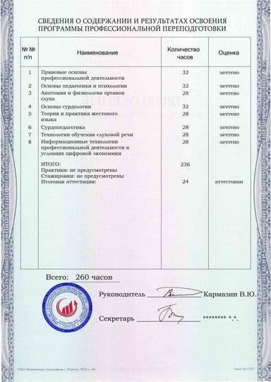 Образец приложения оборотная сторона (итоговое тестирование) по программе Сурдопедагогика (сурдопереводчик)