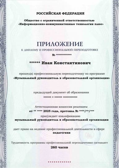 Образец приложения лицевая сторона (итоговое тестирование) по программе Музыкальный руководитель в образовательной организации