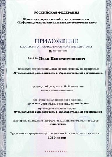 Образец приложения лицевая сторона (итоговое тестирование) по программе Музыкальный руководитель в образовательной организации