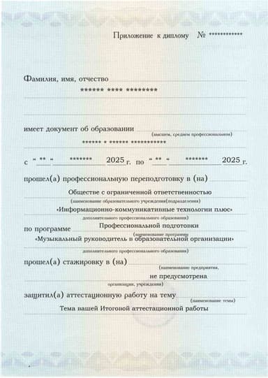 Образец приложения лицевая сторона (аттестационная работа) по программе Музыкальный руководитель в образовательной организации