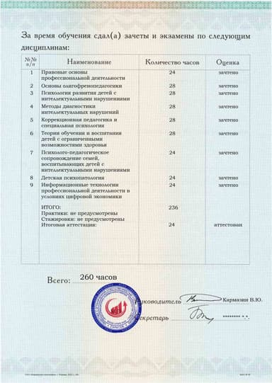 Образец приложения оборотная сторона (аттестационная работа) по программе Олигофренопедагогика
