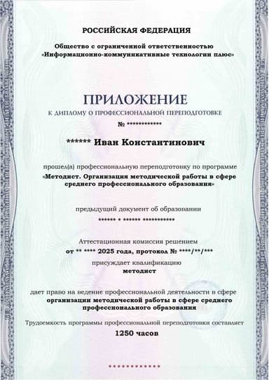 Образец приложения лицевая сторона (итоговое тестирование) по программе Методист. Организация методической работы в сфере среднего профессионального образования