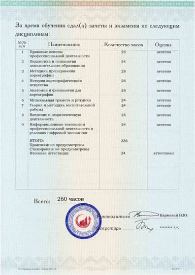 Образец приложения оборотная сторона (аттестационная работа) по программе Педагог дополнительного образования (хореограф)