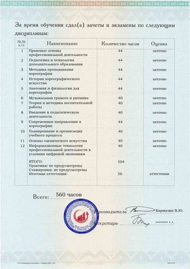 Образец приложения оборотная сторона (аттестационная работа) по программе Педагог дополнительного образования (хореограф)