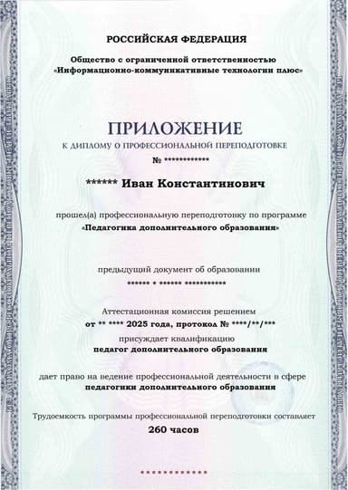 Образец приложения лицевая сторона (итоговое тестирование) по программе Педагогика дополнительного образования