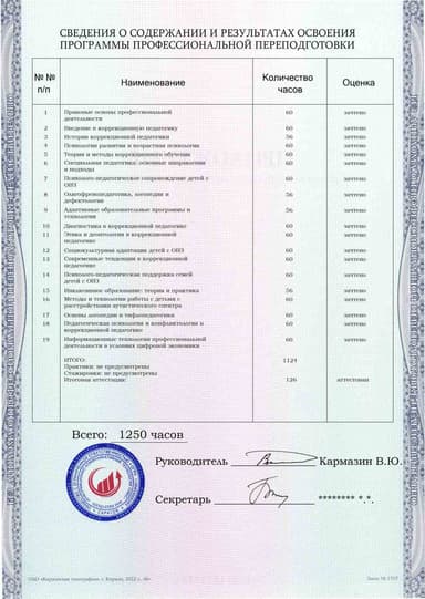 Образец приложения оборотная сторона (итоговое тестирование) по программе Коррекционная педагогика