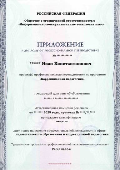 Образец приложения лицевая сторона (итоговое тестирование) по программе Коррекционная педагогика