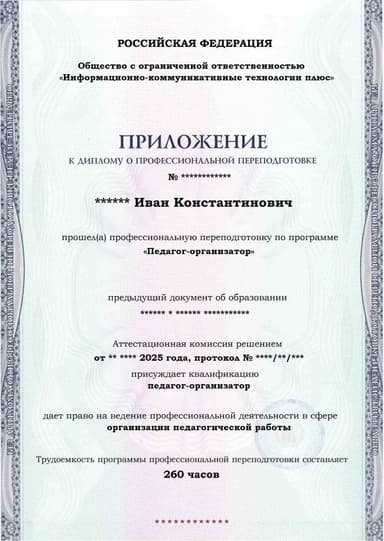 Образец приложения лицевая сторона (итоговое тестирование) по программе Педагог-организатор