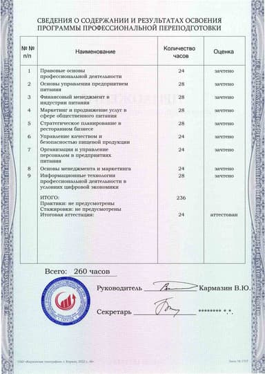 Образец приложения оборотная сторона (итоговое тестирование) по программе Руководитель предприятия питания