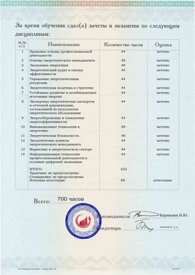 Образец приложения оборотная сторона (аттестационная работа) по программе Энергетический менеджмент