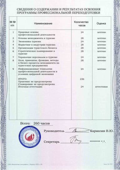 Образец приложения оборотная сторона (итоговое тестирование) по программе Менеджмент в сфере туризма