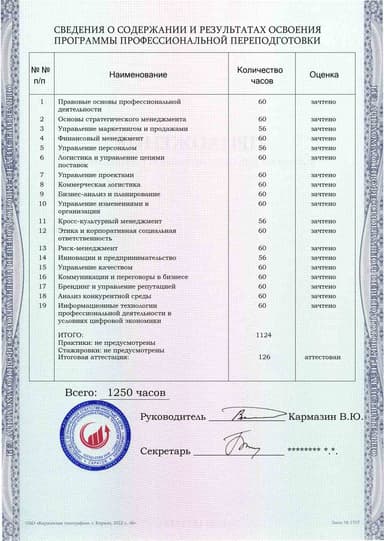 Образец приложения оборотная сторона (итоговое тестирование) по программе Коммерческий директор