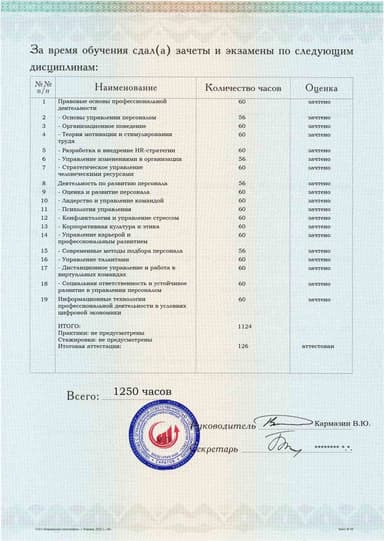 Образец приложения оборотная сторона (аттестационная работа) по программе Управление персоналом