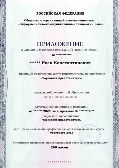 Образец приложения лицевая сторона (итоговое тестирование) по программе Торговый представитель