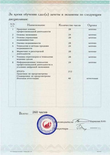 Образец приложения оборотная сторона (аттестационная работа) по программе Риэлторская деятельность