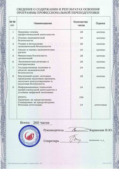 Образец приложения оборотная сторона (итоговое тестирование) по программе Экономическая безопасность