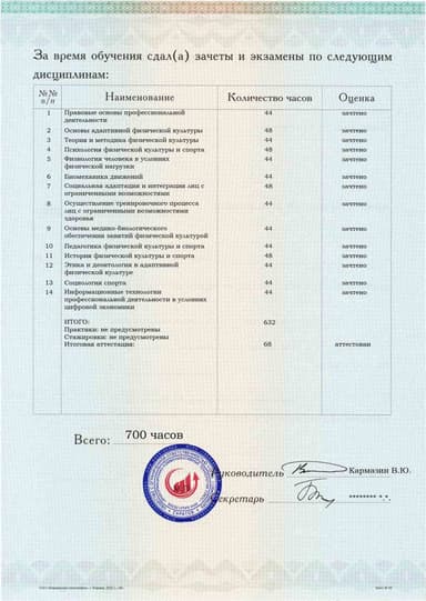Образец приложения оборотная сторона (аттестационная работа) по программе Адаптивная физическая культура и спорт