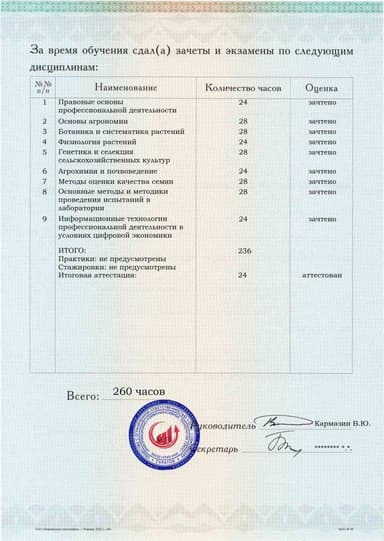 Образец приложения оборотная сторона (аттестационная работа) по программе Лаборант по испытанию и апробации семян сельскохозяйственных культур