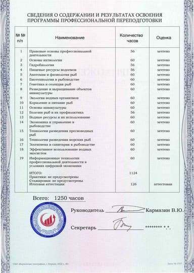 Образец приложения оборотная сторона (итоговое тестирование) по программе Рыбоводство