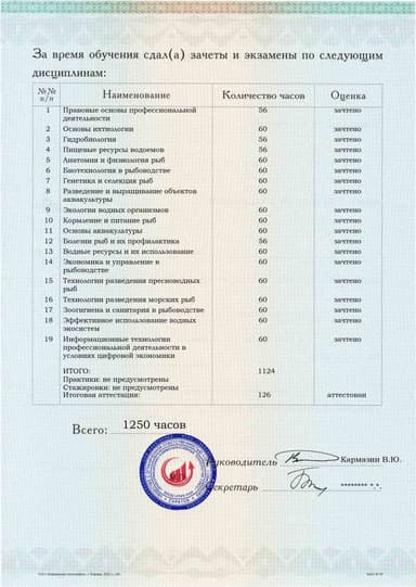 Образец приложения оборотная сторона (аттестационная работа) по программе Рыбоводство