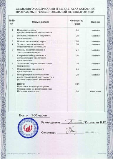 Образец приложения оборотная сторона (итоговое тестирование) по программе Инженер по сварке (специалист сварочного производства)