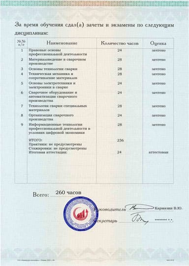 Образец приложения оборотная сторона (аттестационная работа) по программе Инженер по сварке (специалист сварочного производства)