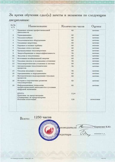 Образец приложения оборотная сторона (аттестационная работа) по программе Теплоэнергетика и теплотехника
