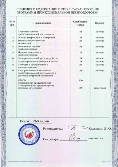 Образец приложения оборотная сторона (итоговое тестирование) по программе Приборостроение
