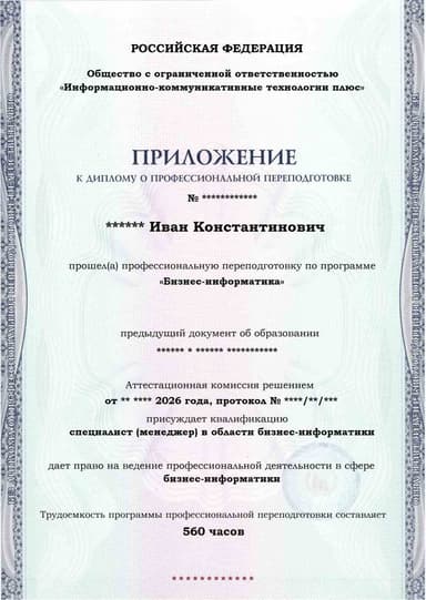 Образец приложения лицевая сторона (итоговое тестирование) по программе Бизнес-информатика