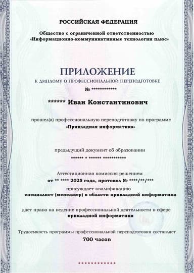 Образец приложения лицевая сторона (итоговое тестирование) по программе Прикладная информатика