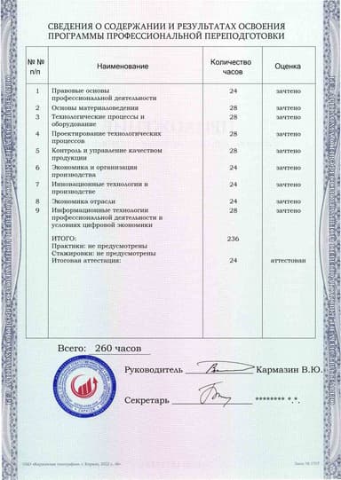 Образец приложения оборотная сторона (итоговое тестирование) по программе Инженер-технолог промышленного производства