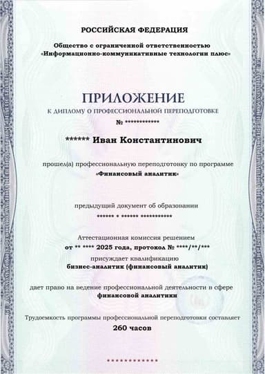 Образец приложения лицевая сторона (итоговое тестирование) по программе Финансовый аналитик