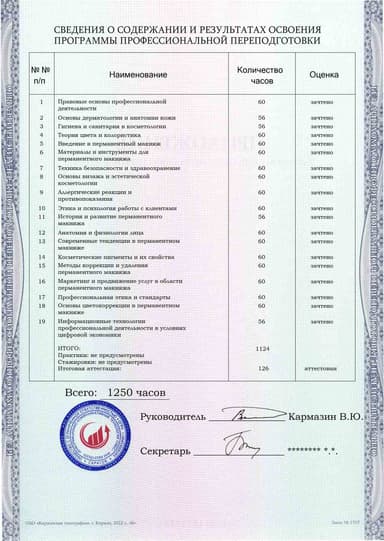 Образец приложения оборотная сторона (итоговое тестирование) по программе Перманентный макияж