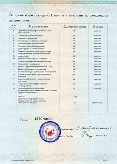 Образец приложения оборотная сторона (аттестационная работа) по программе Телевидение