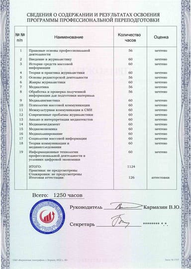 Образец приложения оборотная сторона (итоговое тестирование) по программе Корреспондент средств массовой информации