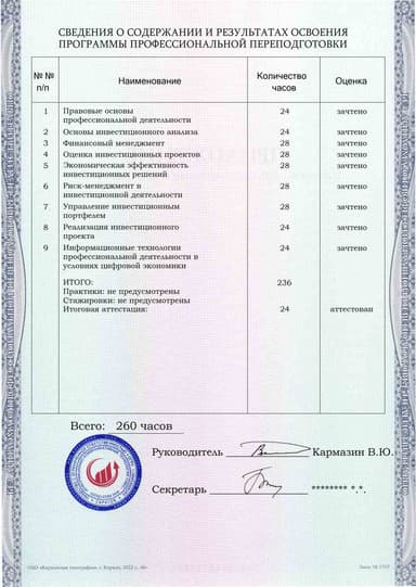 Образец приложения оборотная сторона (итоговое тестирование) по программе Специалист по работе с инвестиционными проектами