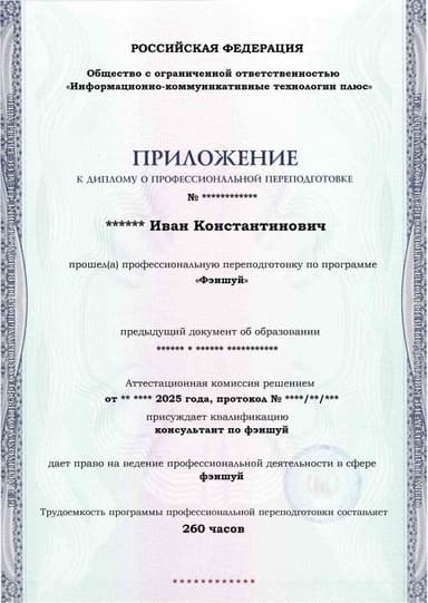 Образец приложения лицевая сторона (итоговое тестирование) по программе Фэншуй