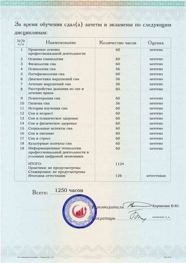 Образец приложения оборотная сторона (аттестационная работа) по программе Сомнолог-консультант