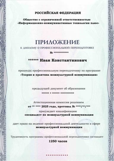 Образец приложения лицевая сторона (итоговое тестирование) по программе Теория и практика межкультурной коммуникации