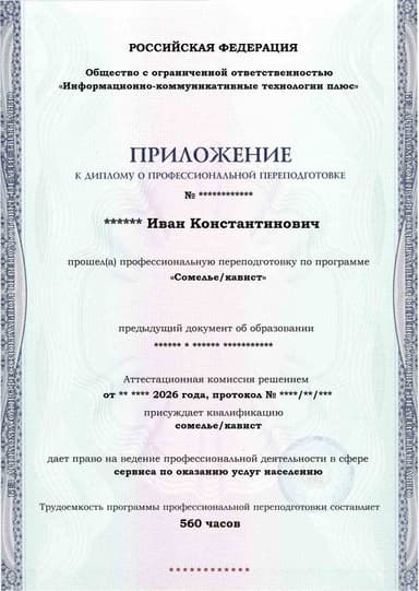 Образец приложения лицевая сторона (итоговое тестирование) по программе Сомелье/кавист