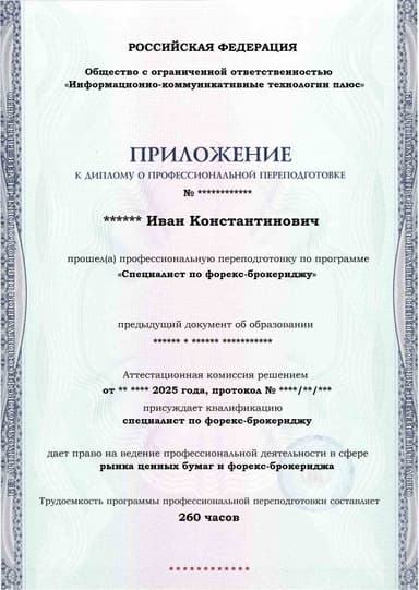Образец приложения лицевая сторона (итоговое тестирование) по программе Специалист по форекс-брокериджу