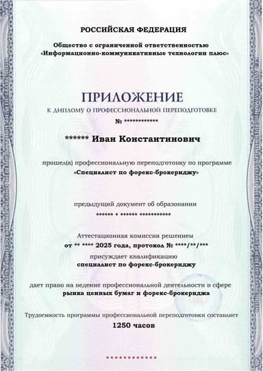 Образец приложения лицевая сторона (итоговое тестирование) по программе Специалист по форекс-брокериджу