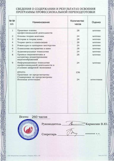 Образец приложения оборотная сторона (итоговое тестирование) по программе Специалист по видеомонтажу