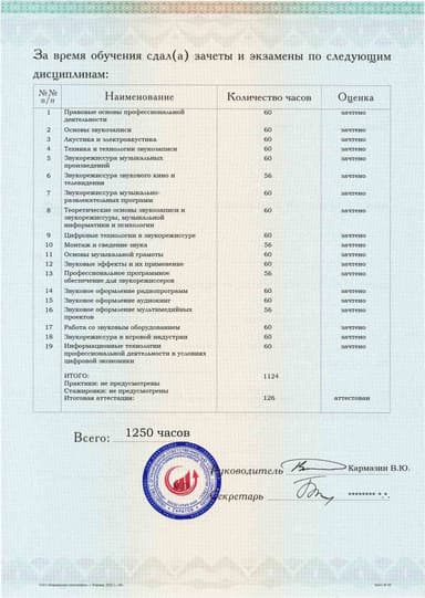 Образец приложения оборотная сторона (аттестационная работа) по программе Звукорежиссер